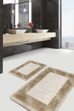 - PaspasTakimi-2li-Set1512-Gorsel-2 - Realhomes  2'li Set Krem - Gold Zeminde Çerçeveli Motifli Altın Desenli Avangarde Geometrik  2'li Banyo & Mutfak Paspas Takımı Realhomes