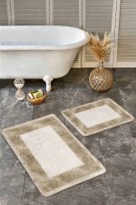 - Realhomes - Realhomes  2'li Set Krem - Gold Zeminde Çerçeveli Motifli Altın Desenli Avangarde Geometrik  2'li Banyo & Mutfak Paspas Takımı Realhomes