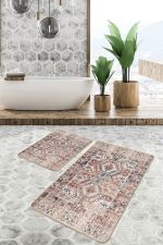 2'li Set Krem - Kırmızı Zeminde Kilim Motifli Etnik Desenli Etnik Motifler Eskitme Motifli  2'li Banyo & Mutfak Paspas Takımı Realhomes
