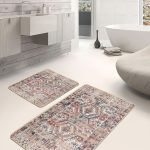 2'li Set Yeşil - Turkuaz Zeminde Ogea Motifli Morrocan Desenli Geometrik Klasik  2'li Banyo & Mutfak Paspas Takımı Realhomes