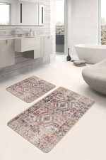 2'li Set Krem - Kırmızı Zeminde Kilim Motifli Etnik Desenli Etnik Motifler Eskitme Motifli  2'li Banyo & Mutfak Paspas Takımı Realhomes