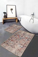 2'li Set Krem - Kırmızı Zeminde Kilim Motifli Etnik Desenli Etnik Motifler Eskitme Motifli  2'li Banyo & Mutfak Paspas Takımı Realhomes
