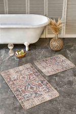 2'li Set Krem - Kırmızı Zeminde Kilim Motifli Etnik Desenli Etnik Motifler Eskitme Motifli  2'li Banyo & Mutfak Paspas Takımı Realhomes
