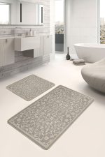 2'li Set Krem - Gri Zeminde El Dokuma Motifli Antika Desenli Vintage Avangarde  2'li Banyo & Mutfak Paspas Takımı Realhomes