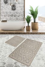 2'li Set Krem - Gri Zeminde El Dokuma Motifli Antika Desenli Vintage Avangarde  2'li Banyo & Mutfak Paspas Takımı Realhomes