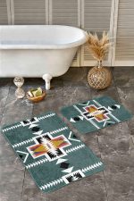 - Realhomes - Realhomes 2'li Set Yeşil Zeminde Geleneksel Motifli Geleneksel Desenli Etnik Motifler Vintage 2'li Banyo & Mutfak Paspas Takımı Realhomes