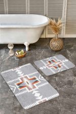 - Realhomes - Realhomes  2'li Set Gri Zeminde Yöresel Motifli Antik Desenli Vintage Etnik Motifler  2'li Banyo & Mutfak Paspas Takımı Realhomes