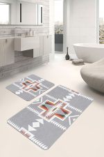 - PaspasTakimi-2li-Set1519-Gorsel-2 - Realhomes  2'li Set Gri Zeminde Yöresel Motifli Antik Desenli Vintage Etnik Motifler  2'li Banyo & Mutfak Paspas Takımı Realhomes