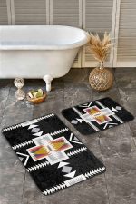- Realhomes - Realhomes  2'li Set Siyah Zeminde Etnik Motifli Geleneksel Desenli Geometrik Etnik Motifler  2'li Banyo & Mutfak Paspas Takımı Realhomes