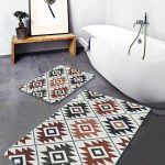 2'li Set Lacivert Zeminde Geometrik Motifli Klasik Desenli Geometrik Klasik  2'li Banyo & Mutfak Paspas Takımı Realhomes