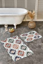 - Realhomes - Realhomes  2'li Set Geometrik Zeminde Otantik Motifli Geleneksel Desenli Geometrik Etnik Motifler  2'li Banyo & Mutfak Paspas Takımı Realhomes