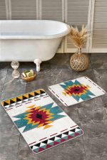 - Realhomes - Realhomes  2'li Set Krem Zeminde Geleneksel Motifli Kilim Desenli Etnik Motifler Geometrik  2'li Banyo & Mutfak Paspas Takımı Realhomes