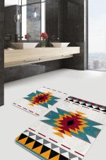 - PaspasTakimi-2li-Set1523-Gorsel - Realhomes  2'li Set Krem Zeminde Geleneksel Motifli Kilim Desenli Etnik Motifler Geometrik  2'li Banyo & Mutfak Paspas Takımı Realhomes