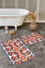 - Realhomes - Realhomes  2'li Set Kırmızı Zeminde Antik Motifli Geometrik Desenli Geometrik Etnik Motifler  2'li Banyo & Mutfak Paspas Takımı Realhomes