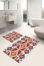 - PaspasTakimi-2li-Set1524-Gorsel-4 - Realhomes  2'li Set Kırmızı Zeminde Antik Motifli Geometrik Desenli Geometrik Etnik Motifler  2'li Banyo & Mutfak Paspas Takımı Realhomes