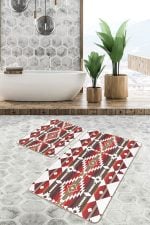 - PaspasTakimi-2li-Set1525-Gorsel-1 - Realhomes  2'li Set Kırmızı Zeminde Geometrik Motifli Antik Desenli Etnik Motifler Geometrik  2'li Banyo & Mutfak Paspas Takımı Realhomes