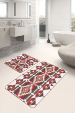 - PaspasTakimi-2li-Set1525-Gorsel - Realhomes  2'li Set Kırmızı Zeminde Geometrik Motifli Antik Desenli Etnik Motifler Geometrik  2'li Banyo & Mutfak Paspas Takımı Realhomes