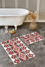 - Realhomes - Realhomes  2'li Set Kırmızı Zeminde Geometrik Motifli Antik Desenli Etnik Motifler Geometrik  2'li Banyo & Mutfak Paspas Takımı Realhomes