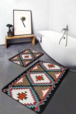 2'li Set Krem - Ekru Zeminde Kilim Motifli Geleneksel Desenli Geometrik Etnik Motifler  2'li Banyo & Mutfak Paspas Takımı Realhomes