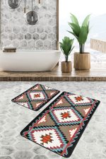 2'li Set Krem - Ekru Zeminde Kilim Motifli Geleneksel Desenli Geometrik Etnik Motifler  2'li Banyo & Mutfak Paspas Takımı Realhomes