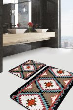 2'li Set Krem - Ekru Zeminde Kilim Motifli Geleneksel Desenli Geometrik Etnik Motifler  2'li Banyo & Mutfak Paspas Takımı Realhomes
