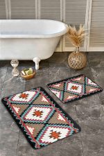 2'li Set Krem - Ekru Zeminde Kilim Motifli Geleneksel Desenli Geometrik Etnik Motifler  2'li Banyo & Mutfak Paspas Takımı Realhomes