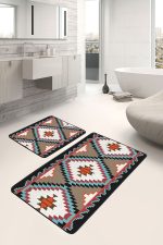 2'li Set Krem - Ekru Zeminde Kilim Motifli Geleneksel Desenli Geometrik Etnik Motifler  2'li Banyo & Mutfak Paspas Takımı Realhomes