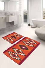2'li Set Kırmızı Zeminde Geleneksel Motifli Kilim Desenli Geometrik Vintage  2'li Banyo & Mutfak Paspas Takımı Realhomes