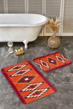 2'li Set Kırmızı Zeminde Geleneksel Motifli Kilim Desenli Geometrik Vintage  2'li Banyo & Mutfak Paspas Takımı Realhomes