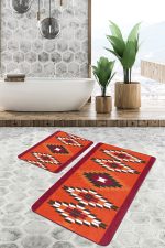 2'li Set Kırmızı Zeminde Geleneksel Motifli Kilim Desenli Geometrik Vintage  2'li Banyo & Mutfak Paspas Takımı Realhomes