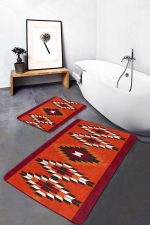 2'li Set Kırmızı Zeminde Geleneksel Motifli Kilim Desenli Geometrik Vintage  2'li Banyo & Mutfak Paspas Takımı Realhomes