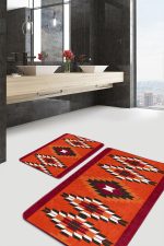 2'li Set Kırmızı Zeminde Geleneksel Motifli Kilim Desenli Geometrik Vintage  2'li Banyo & Mutfak Paspas Takımı Realhomes