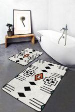 - PaspasTakimi-2li-Set1528-Gorsel-1 - Realhomes 2'li Set Siyah - Beyaz Zeminde Geometrik Motifli Kilim Desenli Geometrik Vintage 2'li Banyo & Mutfak Paspas Takımı Realhomes