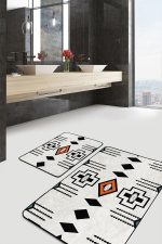 - PaspasTakimi-2li-Set1528-Gorsel-2 - Realhomes 2'li Set Siyah - Beyaz Zeminde Geometrik Motifli Kilim Desenli Geometrik Vintage 2'li Banyo & Mutfak Paspas Takımı Realhomes