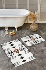 - Realhomes - Realhomes 2'li Set Siyah - Beyaz Zeminde Geometrik Motifli Kilim Desenli Geometrik Vintage 2'li Banyo & Mutfak Paspas Takımı Realhomes