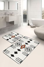 - PaspasTakimi-2li-Set1528-Gorsel-5 - Realhomes 2'li Set Siyah - Beyaz Zeminde Geometrik Motifli Kilim Desenli Geometrik Vintage 2'li Banyo & Mutfak Paspas Takımı Realhomes