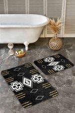- Realhomes - Realhomes  2'li Set Siyah Zeminde Kilim Motifli Geometrik Desenli Vintage Geometrik  2'li Banyo & Mutfak Paspas Takımı Realhomes