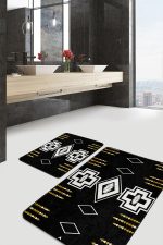 - PaspasTakimi-2li-Set1529-Gorsel - Realhomes  2'li Set Siyah Zeminde Kilim Motifli Geometrik Desenli Vintage Geometrik  2'li Banyo & Mutfak Paspas Takımı Realhomes