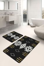 - PaspasTakimi-2li-Set1529-Gorsel-2 - Realhomes  2'li Set Siyah Zeminde Kilim Motifli Geometrik Desenli Vintage Geometrik  2'li Banyo & Mutfak Paspas Takımı Realhomes