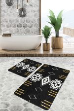 - PaspasTakimi-2li-Set1529-Gorsel-4 - Realhomes  2'li Set Siyah Zeminde Kilim Motifli Geometrik Desenli Vintage Geometrik  2'li Banyo & Mutfak Paspas Takımı Realhomes
