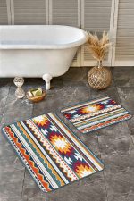 2'li Set Krem - Bej Zeminde Antik Motifli Geleneksel Desenli Vintage Geometrik  2'li Banyo & Mutfak Paspas Takımı Realhomes