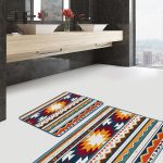 2'li Set Krem - Kırmızı Zeminde Geometrik Motifli Art Deco Desenli Geometrik Sade & Şık  2'li Banyo & Mutfak Paspas Takımı Realhomes