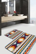 2'li Set Krem - Bej Zeminde Antik Motifli Geleneksel Desenli Vintage Geometrik  2'li Banyo & Mutfak Paspas Takımı Realhomes