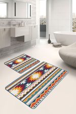 2'li Set Krem - Bej Zeminde Antik Motifli Geleneksel Desenli Vintage Geometrik  2'li Banyo & Mutfak Paspas Takımı Realhomes