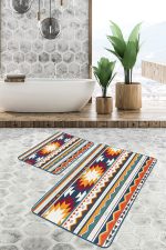 2'li Set Krem - Bej Zeminde Antik Motifli Geleneksel Desenli Vintage Geometrik  2'li Banyo & Mutfak Paspas Takımı Realhomes