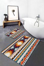 2'li Set Krem - Bej Zeminde Antik Motifli Geleneksel Desenli Vintage Geometrik  2'li Banyo & Mutfak Paspas Takımı Realhomes