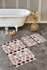 - Realhomes - Realhomes  2'li Set Krem - Kahverengi Zeminde Yöresel Motifli Geometrik Desenli Etnik Motifler Vintage  2'li Banyo & Mutfak Paspas Takımı Realhomes