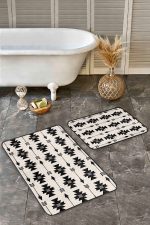 - Realhomes - Realhomes  2'li Set Siyah - Krem Zeminde Kilim Motifli Geometrik Desenli Geometrik Sade & Şık  2'li Banyo & Mutfak Paspas Takımı Realhomes