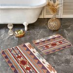 2'li Set Altın Zeminde Geometrik Motifli Modern Sanat Desenli Geometrik eskitme Motifli  2'li Banyo & Mutfak Paspas Takımı Realhomes