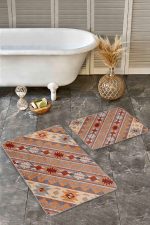 - Realhomes - Realhomes 2'li Set Etnik Zeminde Retro Motifli Kilim Desenli Vintage Etnik Motifler 2'li Banyo & Mutfak Paspas Takımı Realhomes